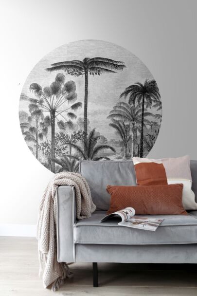 fotomurale autoadhesivo tondo soggiorno paesaggio con palme bianco e nero 159006