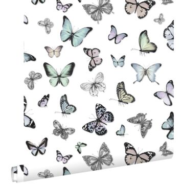 carta da parati farfalle svolazzanti verde menta pastello chiaro e viola lilla pastello chiaro