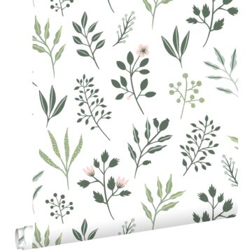 carta da parati motivo floreale in stile scandinavo bianco e verde grigiastro