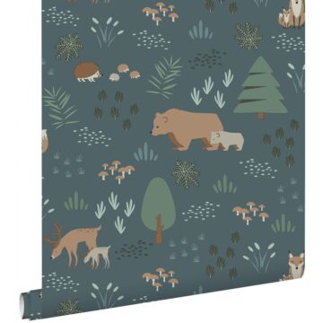 carta da parati foresta con animali della foresta blu grigrio