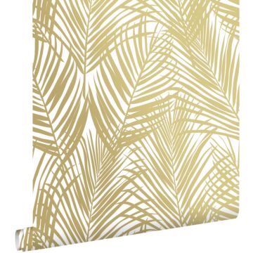 carta da parati foglie di palma oro e bianco