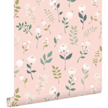 carta da parati fiori rosa tenue, verde e bianco