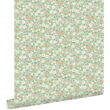 carta da parati fiori verde, rosa terracotta e bianco