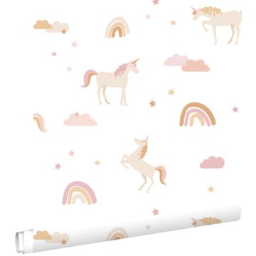 carta da parati unicorni beige, rosa tenue e giallo ocra