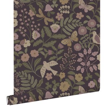 carta da parati fiori e uccelli viola melanzana, verde oliva grigiastro e lilla