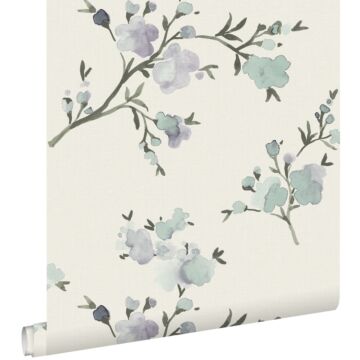 carta da parati tessuto non tessuto struttura eco fiori di ciliegio beige e lilla