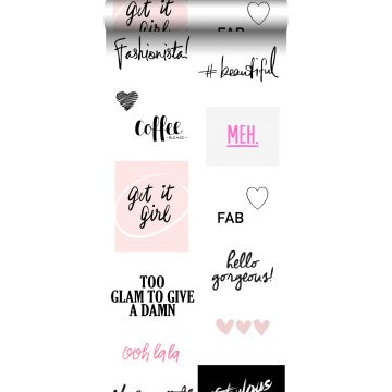 carta da parati XXL in TNT citazioni alla moda nero, bianco e rosa
