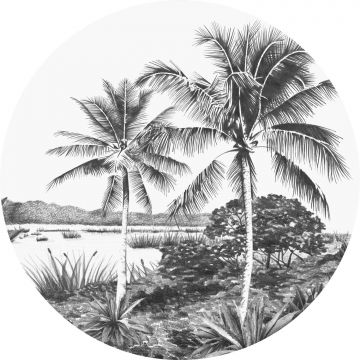 fotomurale autoadhesivo tondo paesaggio con palme bianco e nero