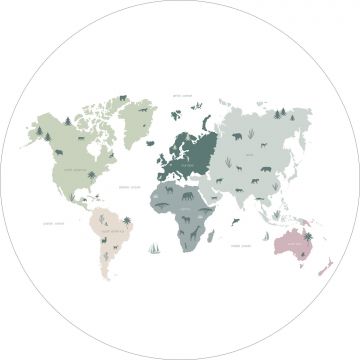 fotomurale autoadhesivo tondo mappa del mondo per i bambini verde menta, grigio e rosa