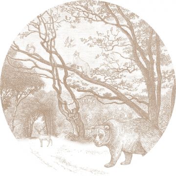 fotomurale autoadhesivo tondo foresta con animali della foresta beige
