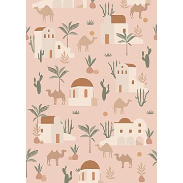 fotomurale cammelli e cactus rosa tenue, terracotta e verde