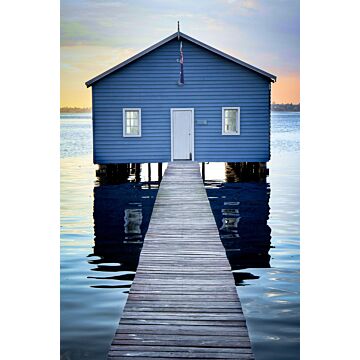 fotomurale casa al mare blu, grigio e rosso di sera