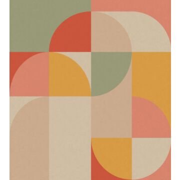fotomurale motivo geometrico in stile Bauhaus rosa, giallo ocra e verde menta