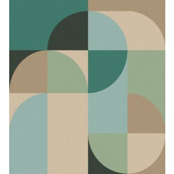 fotomurale motivo geometrico in stile Bauhaus verde petrolio, verde menta e beige